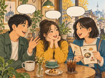 Três jovens conversam em um café de Seul, com balões de fala e um cardápio ilustrado.